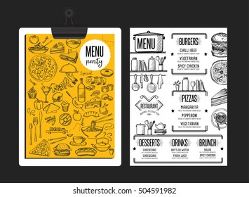 Restaurant menu placemat food brochure, cafe template design. Vintage creative dinner flyer with hand-drawn graphic. 