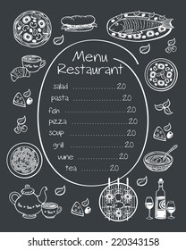 Restaurant menu. Poster, chalkboard, page menu restaurant or cafe. Pictures drawn in chalk on a blackboard. Sketch. Vector illustration.