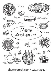 Restaurant menu. Poster, cover, restaurant or cafe. Black and white illustration. Sketch. Vector illustration.