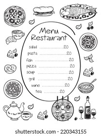 Restaurant menu. Poster, cover, restaurant or cafe. Black and white illustration. Sketch. Vector illustration.