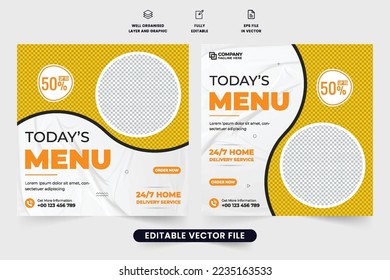 Restaurant menu promotion template design for social media marketing. Culinary food promo template vector with photo placeholders. Restaurant poster design with discount section.