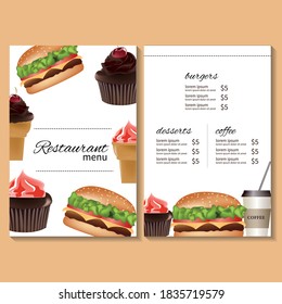 Menú de restaurante con elementos realistas. Hamburguesa, postre, café.