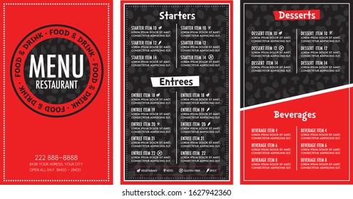 Restaurant menu red and black modern design template with dietary restriction symbols