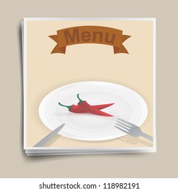 restaurant menu, red chili pepper on a plate, retro poster.