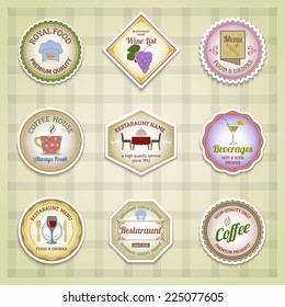 Restaurant menu royal food premium quality food and drinks labels color set isolated vector illustration
