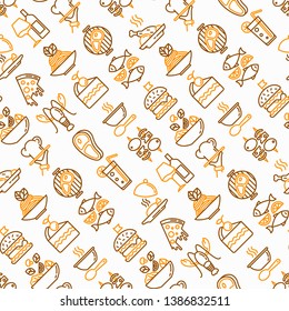 Restaurant menu seamless pattern with thin line icons: starters, chef dish, BBQ, soup, beef, steak, beverage, fish, salad, pizza, wine, seafood, burger. Modern vector illustration.
