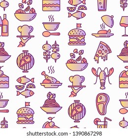 Restaurant menu seamless pattern with thin line icons: starters, chef dish, BBQ, soup, beef, steak, beverage, fish, salad, pizza, wine, seafood, burger. Modern vector illustration.