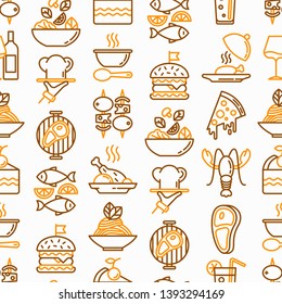 Restaurant menu seamless pattern with thin line icons: starters, chef dish, BBQ, soup, beef, steak, beverage, fish, salad, pizza, wine, seafood, burger. Modern vector illustration.
