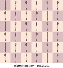 Restaurant menu seamless pattern. Vector background. Pastel gentle colors. Fork, knife and spoon silhouettes on rectangle background.