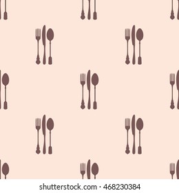 Restaurant menu seamless pattern. Vector background. Pastel gentle colors. Fork, knife and spoon silhouettes.