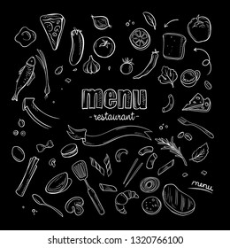 restaurant menu set on black background with illustrations of vegetables, products, plants and pasta, fork spoon, arrows