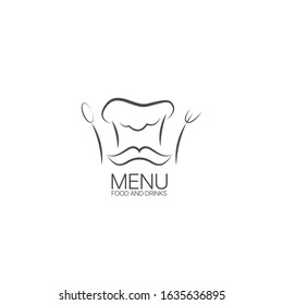 Restaurant menu sign. Cafe symbol. Chef hat with mustache, fork and spoon