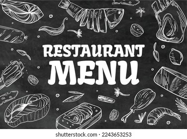 Restaurant menu sketch illustration design look effect on chalkboard.