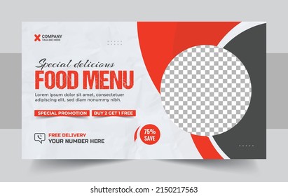 Restaurant menu social media marketing web banner template design. Pizza, burger and healthy food business online promotion flyer with abstract background, logo and icon. Sale cover banner