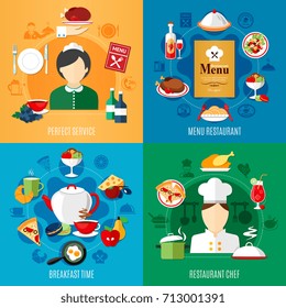 Restaurant menu and staff 2x2 design concept isolated on colorful backgrounds flat vector illustration