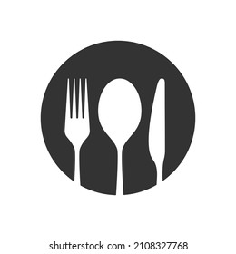 Symbol für Speisekarte im Restaurant. Löffel, Gabel und Messerzeichen im Kreis einzeln auf weißem Hintergrund. Cutlery-Symbol. Vektorgrafik