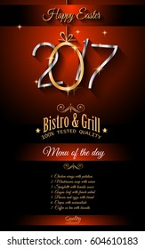 Restaurant Menu template for 2017 Easter celebration with a Golden egg and metal effect lettering.