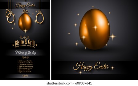 Restaurant Menu template for 2017 Easter celebration with a Golden egg and metal effect lettering. Also ideal for flyers, banners, depliant, invitation and generic seasonal wallpapers