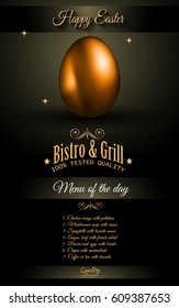 Restaurant Menu template for 2017 Easter celebration with a Golden egg and metal effect lettering. Also ideal for flyers, banners, depliant, invitation and generic seasonal wallpapers