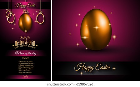 Restaurant Menu template for 2017 Easter celebration with a Golden egg and metal effect lettering. Also ideal for flyers, banners, depliant, invitation and generic seasonal wallpapers