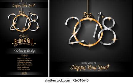 Restaurant menu template for 2018  New Year Dinners and invitations or Chrstmas Seasonal Cards.