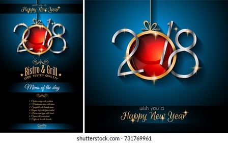 Restaurant menu template for 2018  New Year Dinners and invitations or Chrstmas Seasonal Cards.