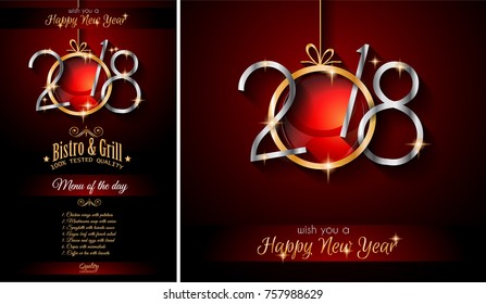 Restaurant menu template for 2018  New Year Dinners and invitations or Chrstmas Seasonal Cards.