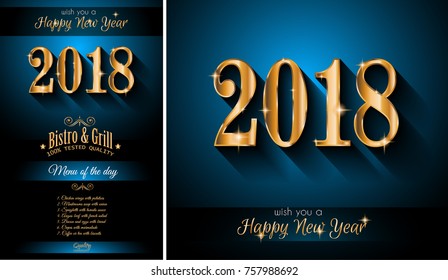 Restaurant menu template for 2018  New Year Dinners and invitations or Chrstmas Seasonal Cards.