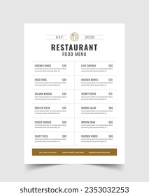 Restaurant Menu Template, A4 size, Food Menu, Flyer Design, Simple , Minimalist