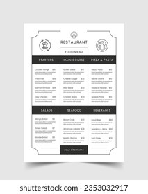 Restaurant Menu Template, A4 size, Food , Flyer Design, Simple , Minimalist