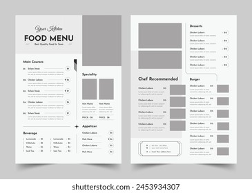 Restaurant Menu Template, A4 size, Fast Food, Flyer Design, Simple , Minimalist, Food Menu