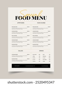 Restaurante Menu Modelo, tamanho A4, Fast food, Design de panfleto, Simples, Minimalista, Menu de Comida