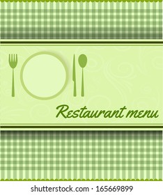 Restaurant menu template background on green plaid tablecloth