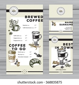 Restaurant menu template. Cafe identity. Coffee menu design with hand drawn elements.  Including menu template, food flyer and business card. Trendy style.