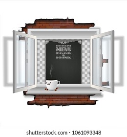 Restaurant menu template for the cover, a window in an old brick wall with a black chalkboard on the background. Isolated object on white background.