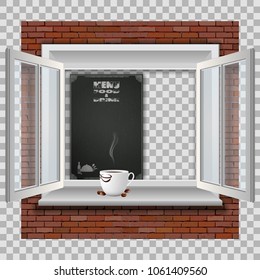 Restaurant menu template for the cover, a window in an old brick wall with a black chalkboard on the background. Isolated.