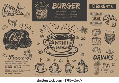 Menú de restaurante, diseño de plantilla. Volante de comida. Estilo dibujado a mano. Ilustración vectorial.