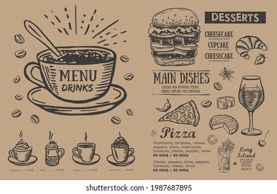 Restaurant menu, template design.. Food flyer. Hand-drawn style. Vector illustration.