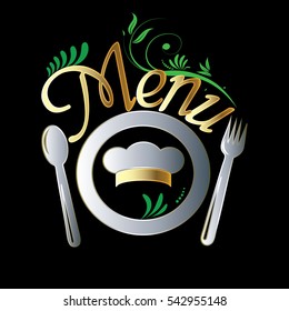 Restaurant menu template  Dish, fork,spoon, cook cap and floral ornament . Design for vegan and natural  food. Vintage gold  lettering text.