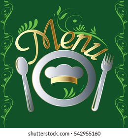 Restaurant menu template  Dish, fork,spoon, cook cap and floral ornament with border. Design for vegan and natural  food. Vintage gold  lettering.