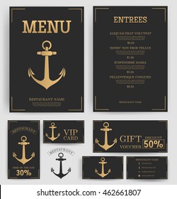 Restaurant menu template. Elegant golden Anchor. Black background. Branding. Business card, flyer, vip card and gift voucher. Vector design.