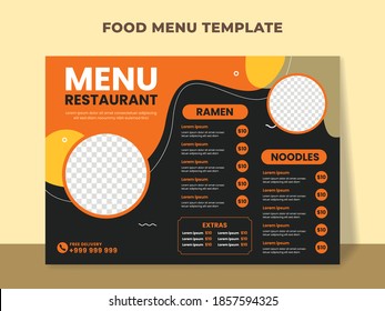 Restaurant menu template. Food menu cover layout with ramen menu, noodles and other menu items