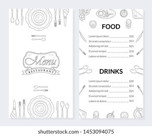 Restaurant Menu Template, Food and Drinks Brochure, Drinks List with Prices Hand Drawn Vector Illustration