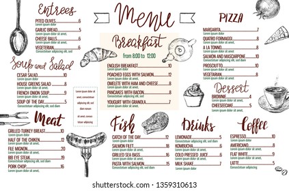 Restaurant menu template with hand drawn food and lettering
