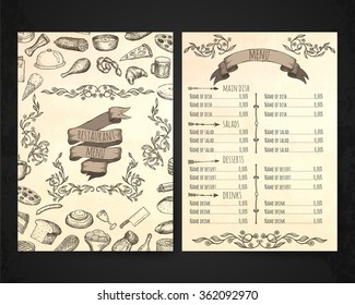 Restaurant menu template. Hand drawn illustrations.