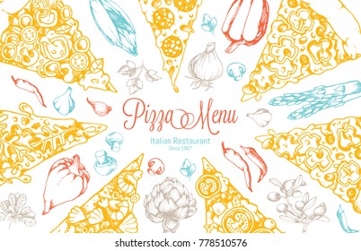 Restaurant Menu Template with hand Drawn high detail Vector illustration of Pizza Slices with many different tastes and also single illustrations of many vegetable ingredients