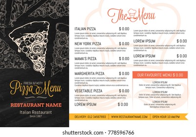 Restaurant Menu Template with hand Drawn high detail Vector illustration of Pizza Slices with many different tastes and also single illustrations of many vegetable ingredients