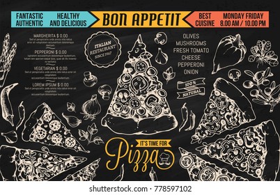 Restaurant Menu Template with hand Drawn high detail Vector illustration of Pizza Slices with many different tastes and also single illustrations of many vegetable ingredients