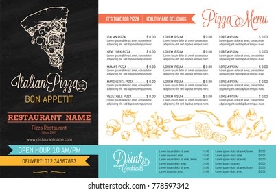Restaurant Menu Template with hand Drawn high detail Vector illustration of Pizza Slices with many different tastes and also single illustrations of many vegetable ingredients
