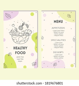 Restaurant menu template, healthy food bar, vegan, sugar free, gluten free, hand drawn doodle style illustrations, vector